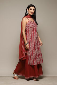Red Cotton Straight Printed Kurta Sharara Suit Set image number 6