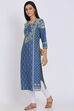 Indigo Cotton Straight Printed Kurta image number 2