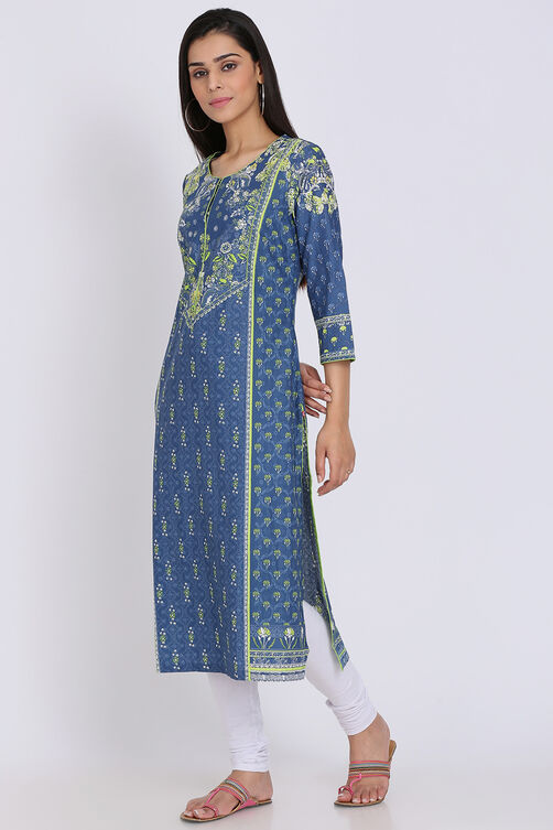 Indigo Cotton Straight Printed Kurta image number 2