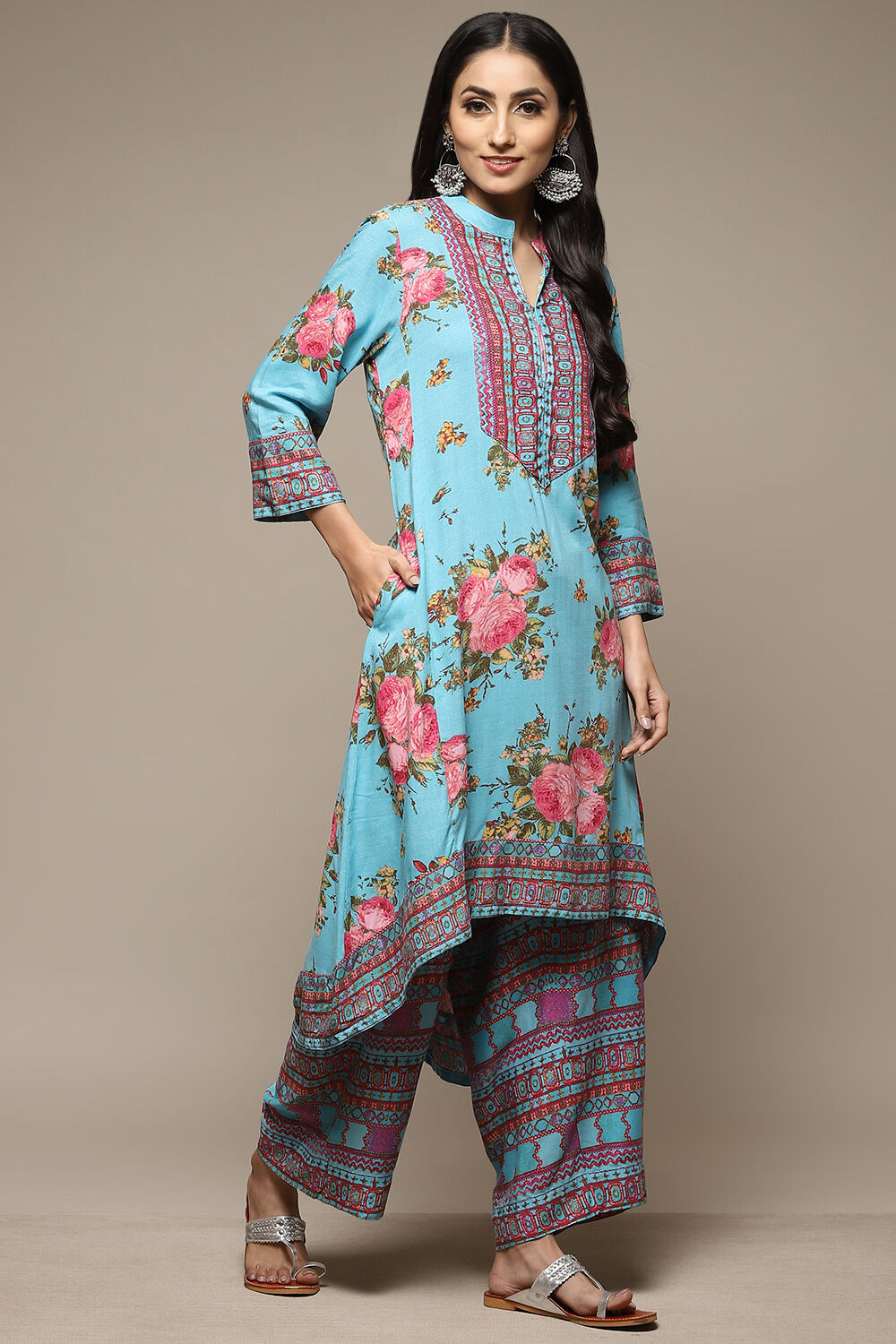 Turquoise Rayon Asymmetric Kurta Palazzo 2 Piece Set