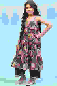 Blue Cotton Tiered Printed Kurta Set image number 0