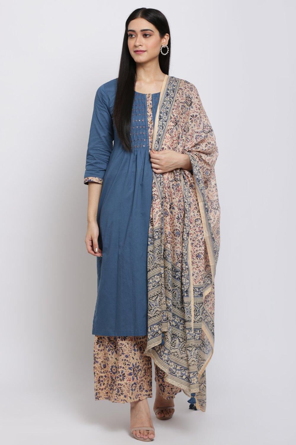 Blue Relaxed Kurta Palazzo Suit Set image number 5