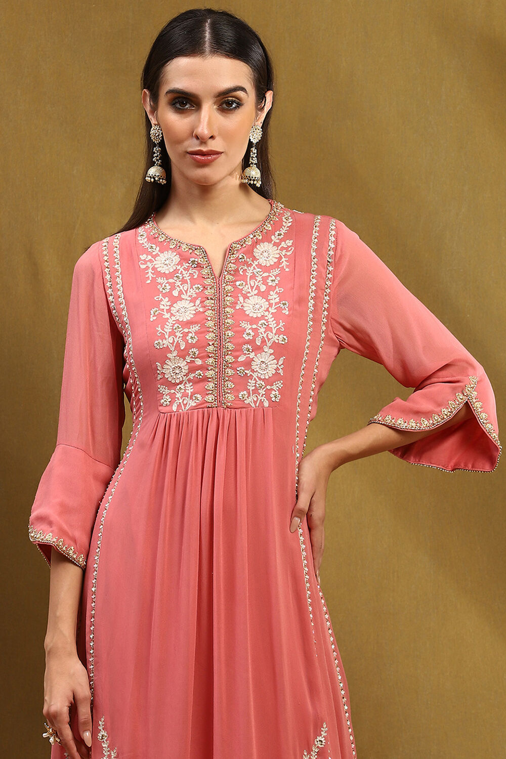 Pink Silk Chanderi Floral Embroidered Gathered Suit Set image number 1