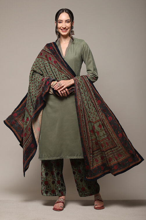 Dark Military Green Art Silk Straight Kurta Palazzo Suit Set image number 0