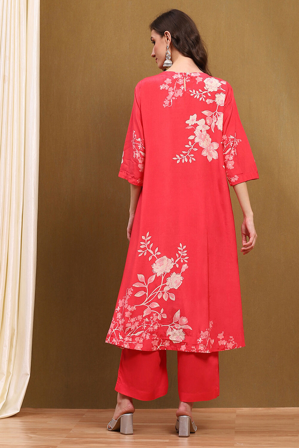 Coral Modal Floral Printed Asymmetric Kurta Set image number 4