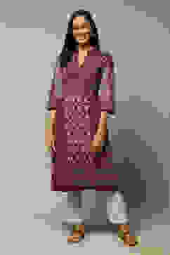 Maroon Poly Metallic Straight Printed Kurta image number 0