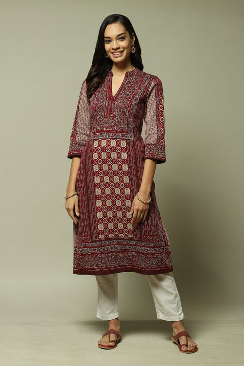 Maroon Poly Metallic Straight Printed Kurta image number 0