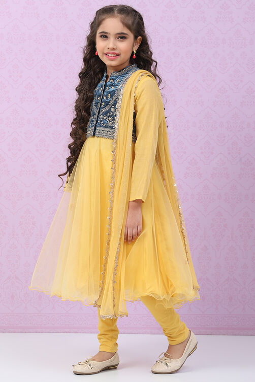 Mustard Yellow Art Silk Anarkali with Jacket Kurta Churidar Suit Set image number 7
