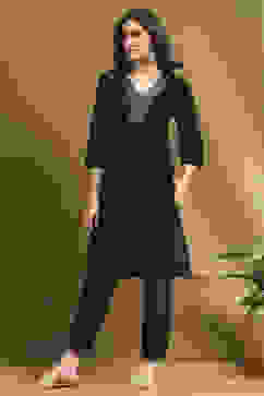 Black Solid Gathered Straight Kurta image number 0