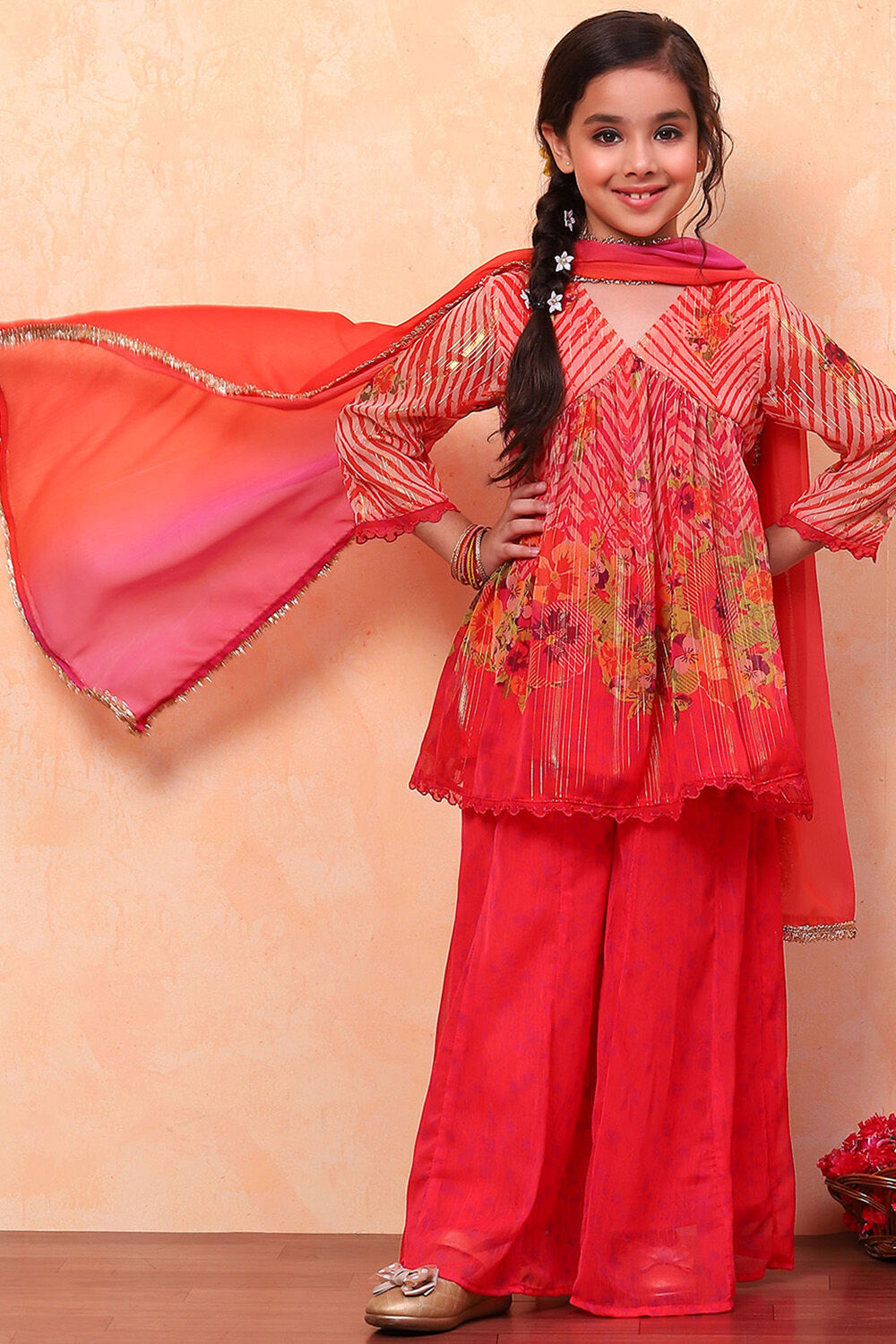 Coral Chiffon Floral Printed Festive Gathered Suit Set image number 0