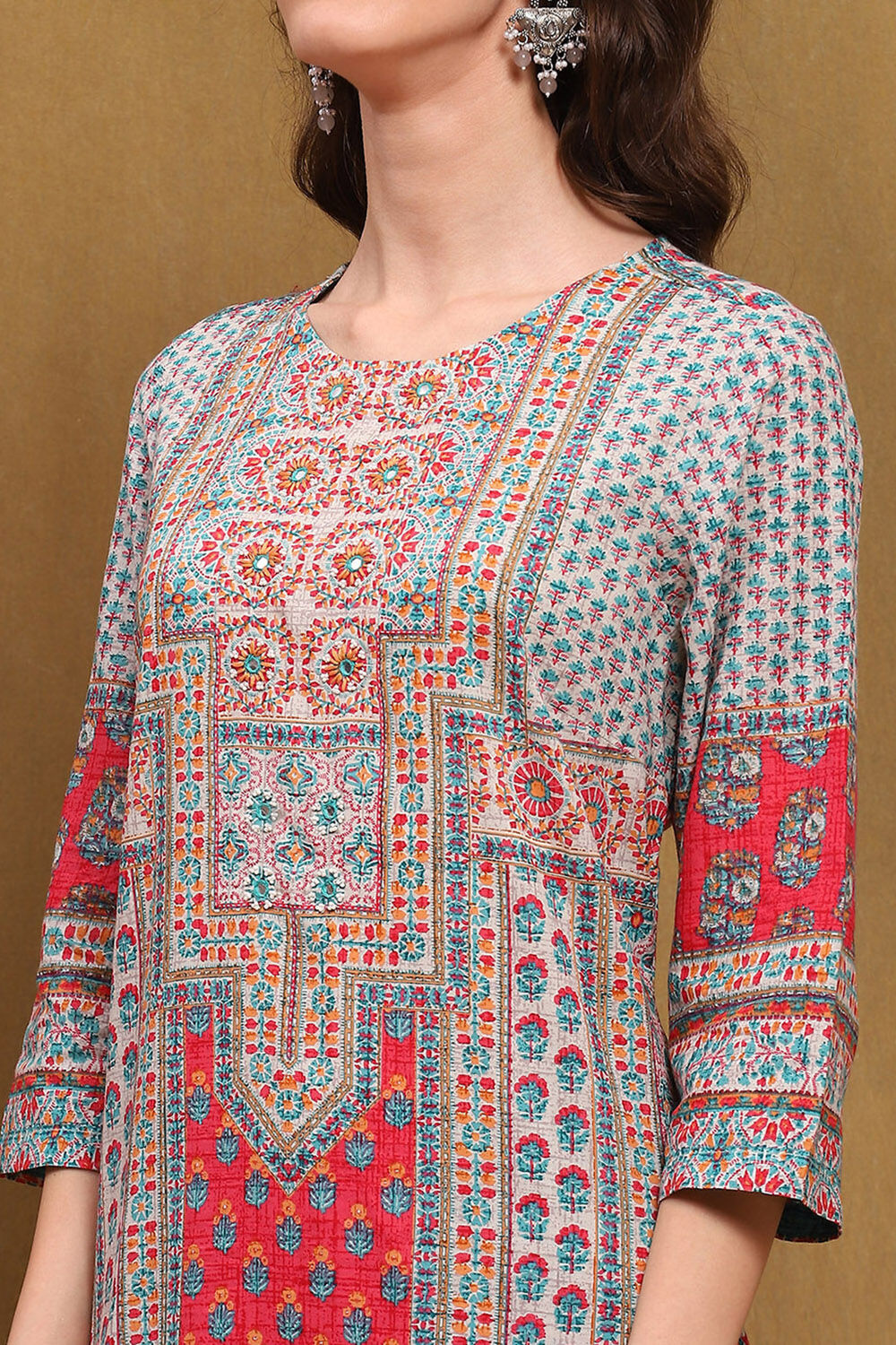 Beige and Blue Cotton Printed Straight Kurta Set image number 1