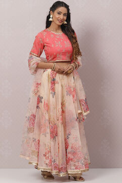 Coral Cream Poly Cotton Lehenga Set image number 7