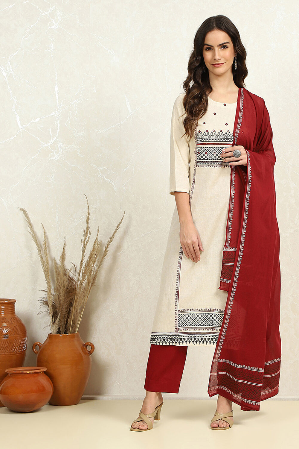 Off-White and Red Cotton Printed Unstitched Suit Set image number 7