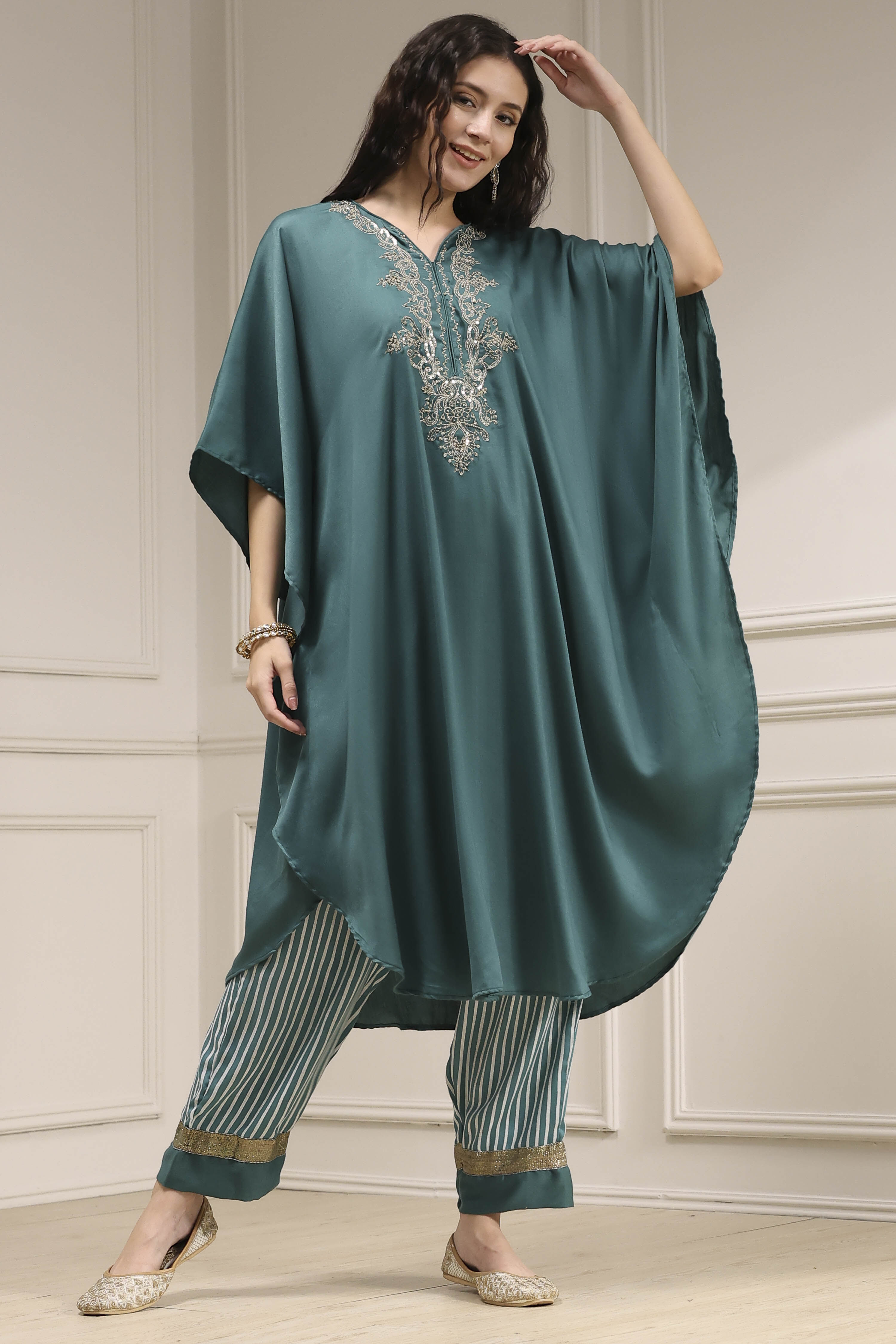 Sage Green Modal Solid Kaftan Fusion Kurta Set image number 0