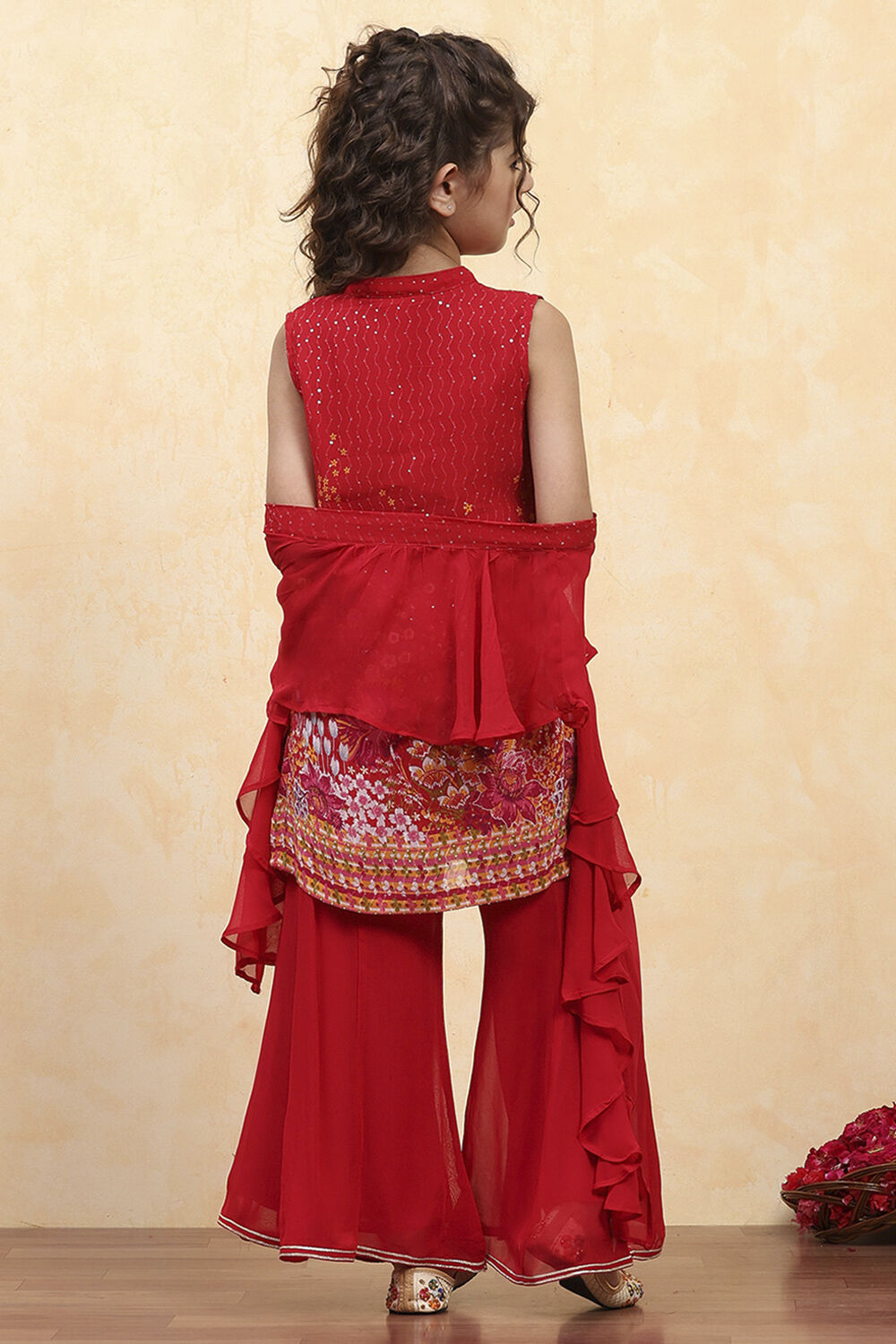 Red Viscose Rayon Printed Straight Sharara Suit Set image number 4
