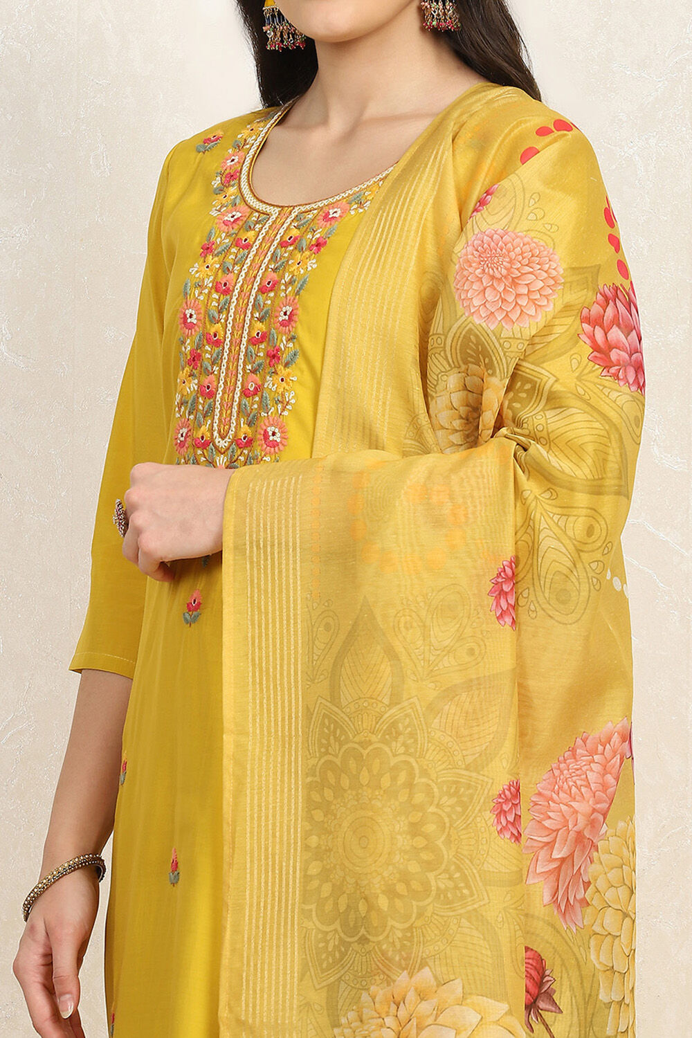 Yellow Silk Blend Machine Embroidered Unstitched Suit Set image number 2