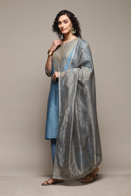 Earthy Blue Cotton Silk Straight Kurta Palazzo Suit Set image number 5