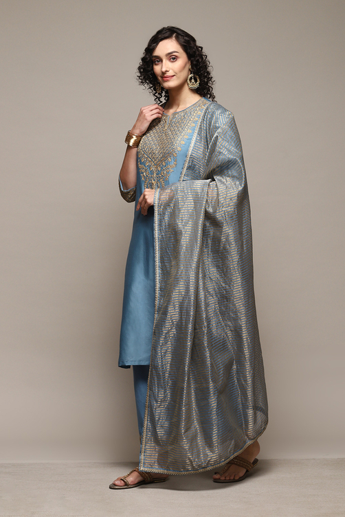 Mustard Poly Chanderi Straight Embroidery Kurta Palazzo Suit Set image number 5