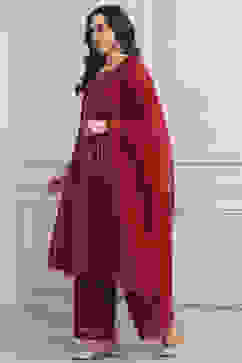 Red Chanderi Kalidar Dyed Suit Set image number 3