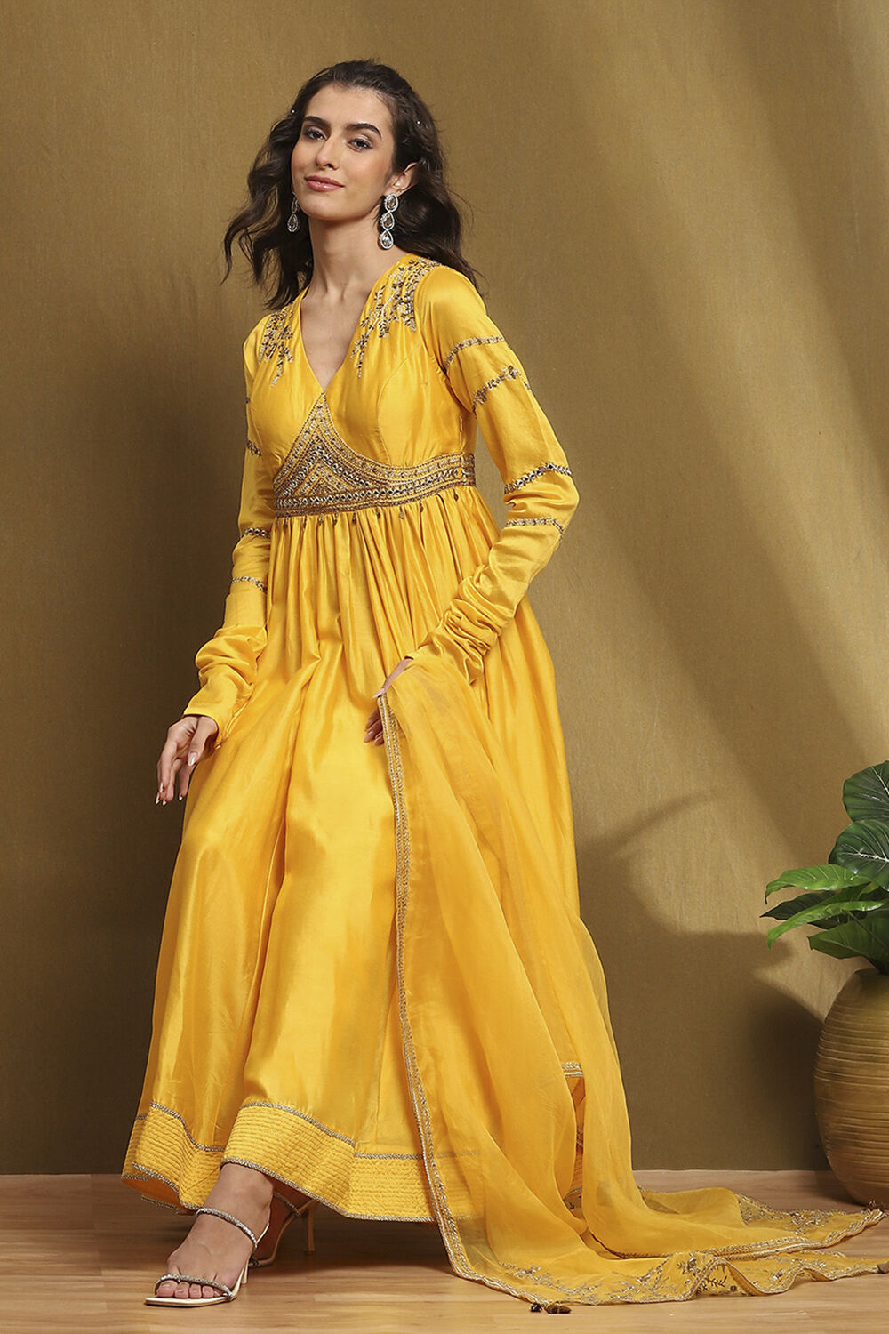 Yellow Silk Chanderi Embroidered Anarkali Suit Set image number 0