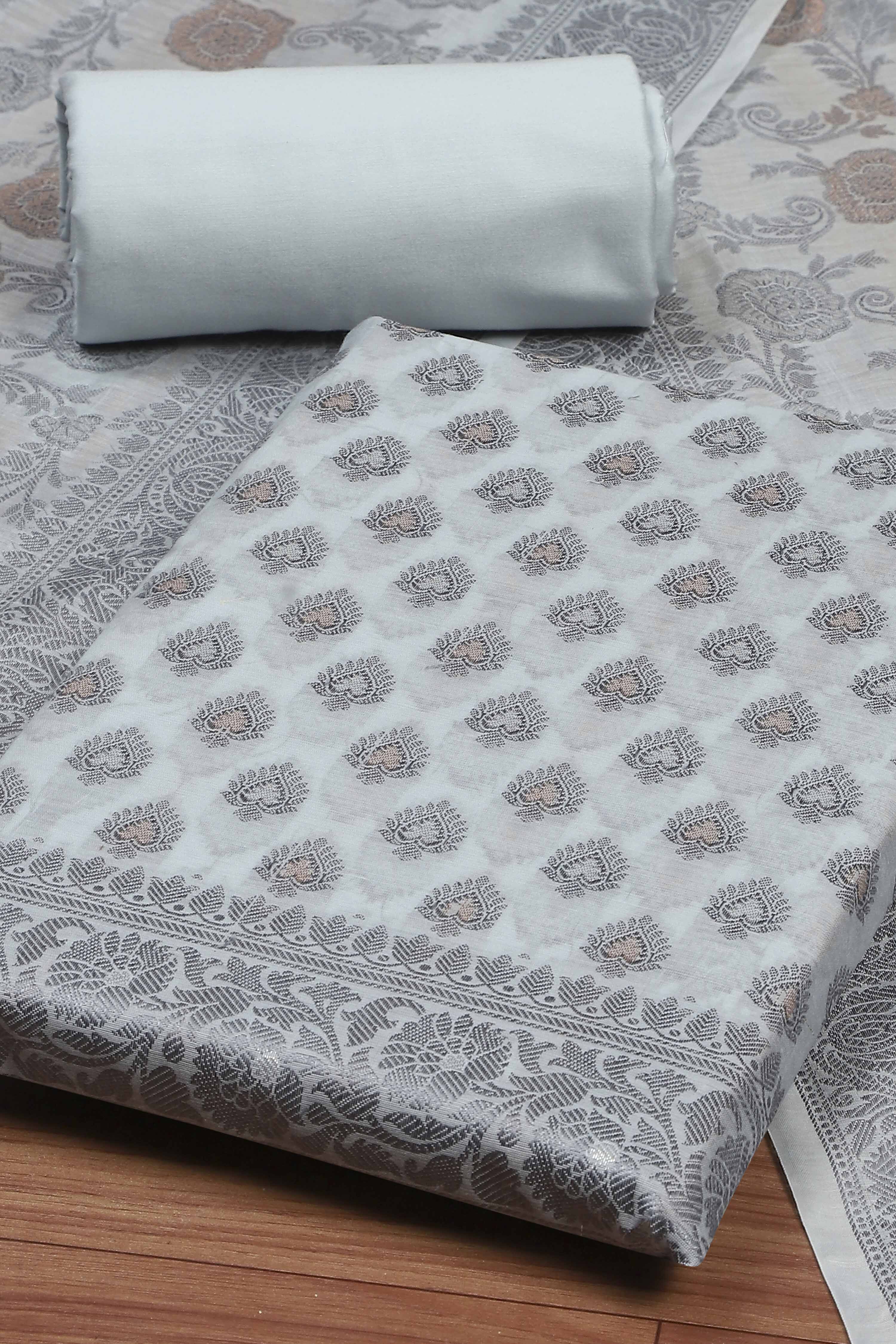 Beige Cotton Printed Embroidered Unstitched Suit Set image number 1