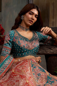 Turquoise Hand Embroidered Flared Lehenga Set image number 1