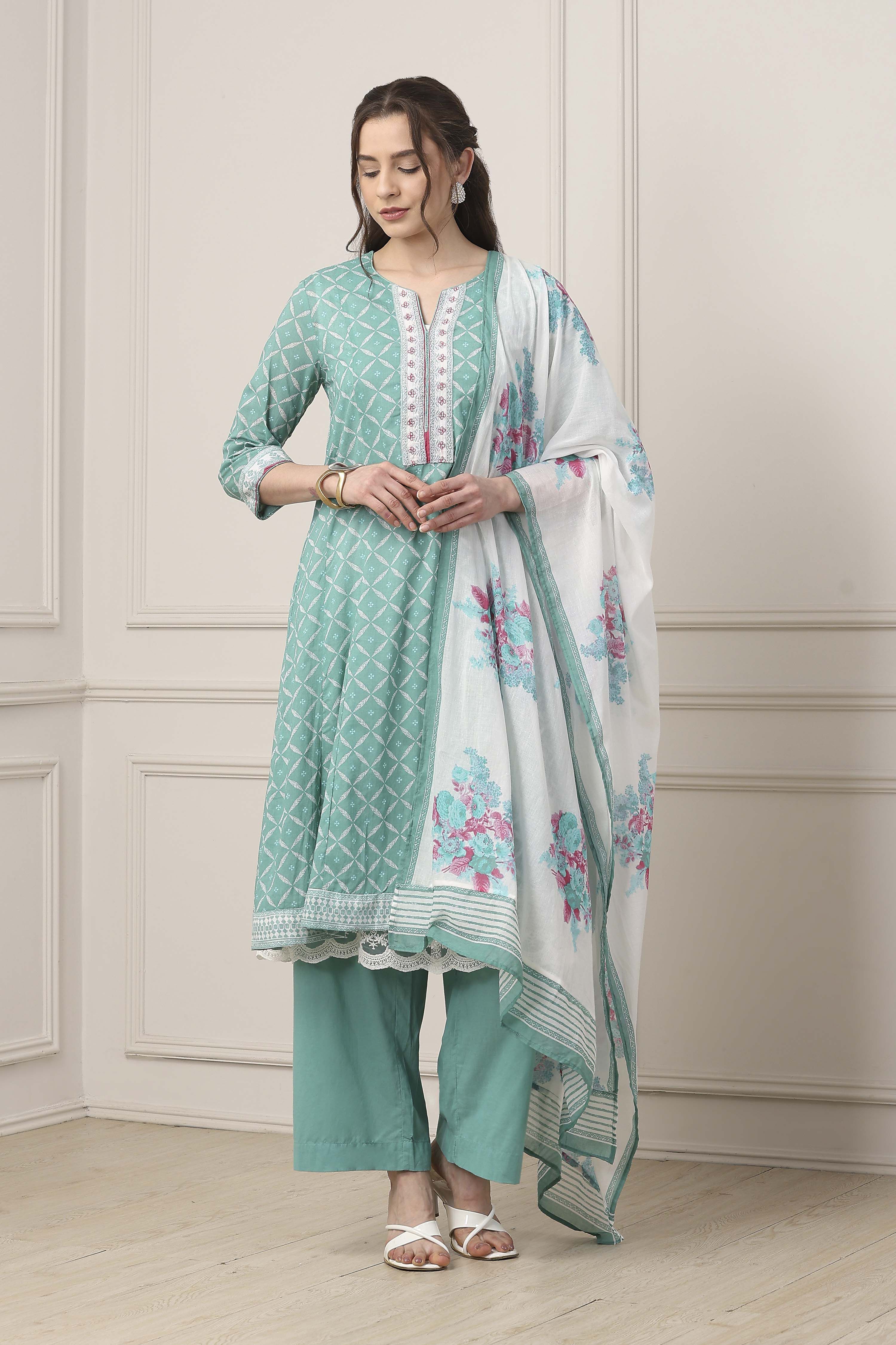 Turquoise Cotton Anarkali Kurta Palazzo Suit Set image number 0