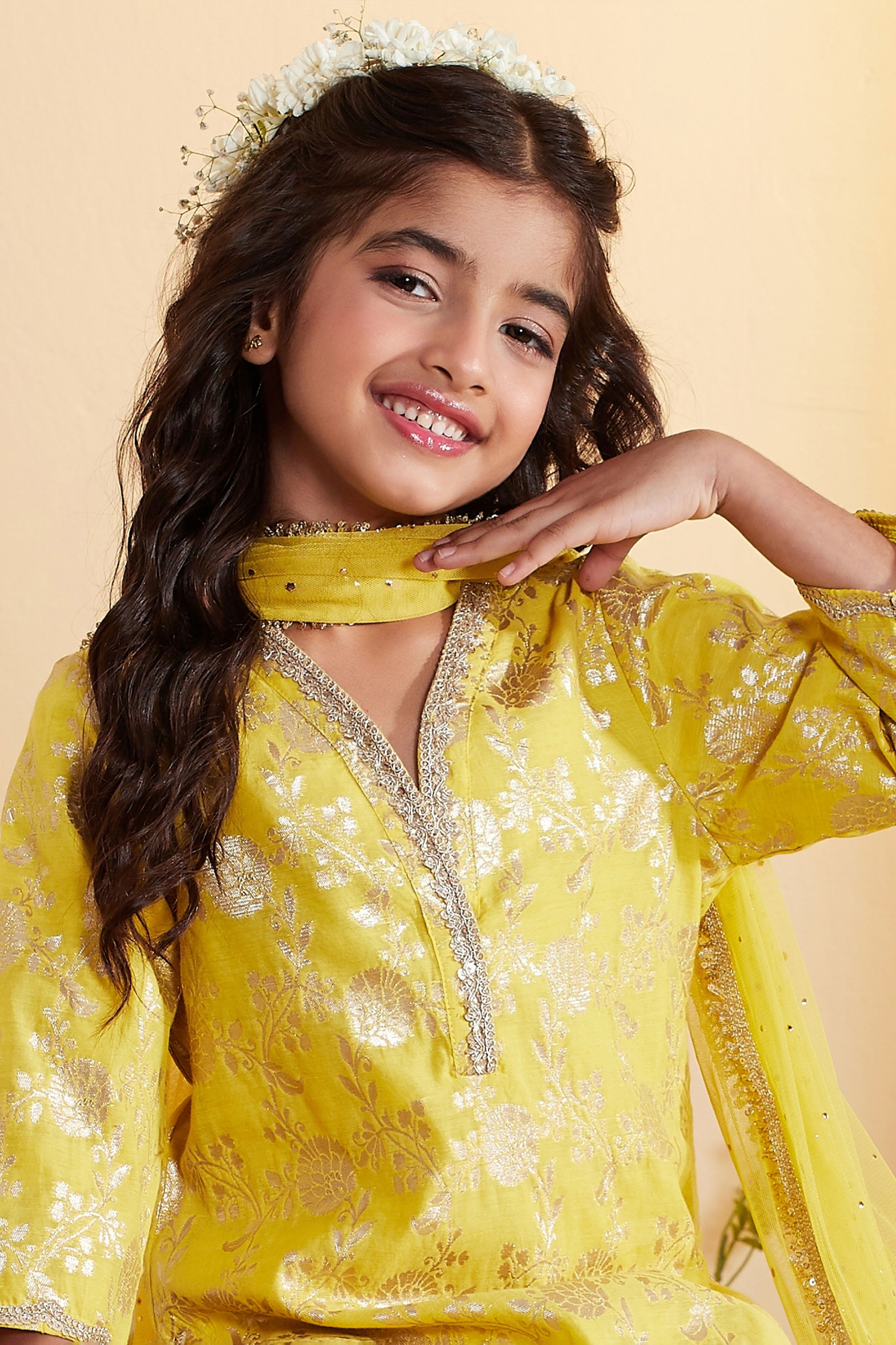 Yellow Floral Motifs Yarndyed Straight Kurta Set image number 1