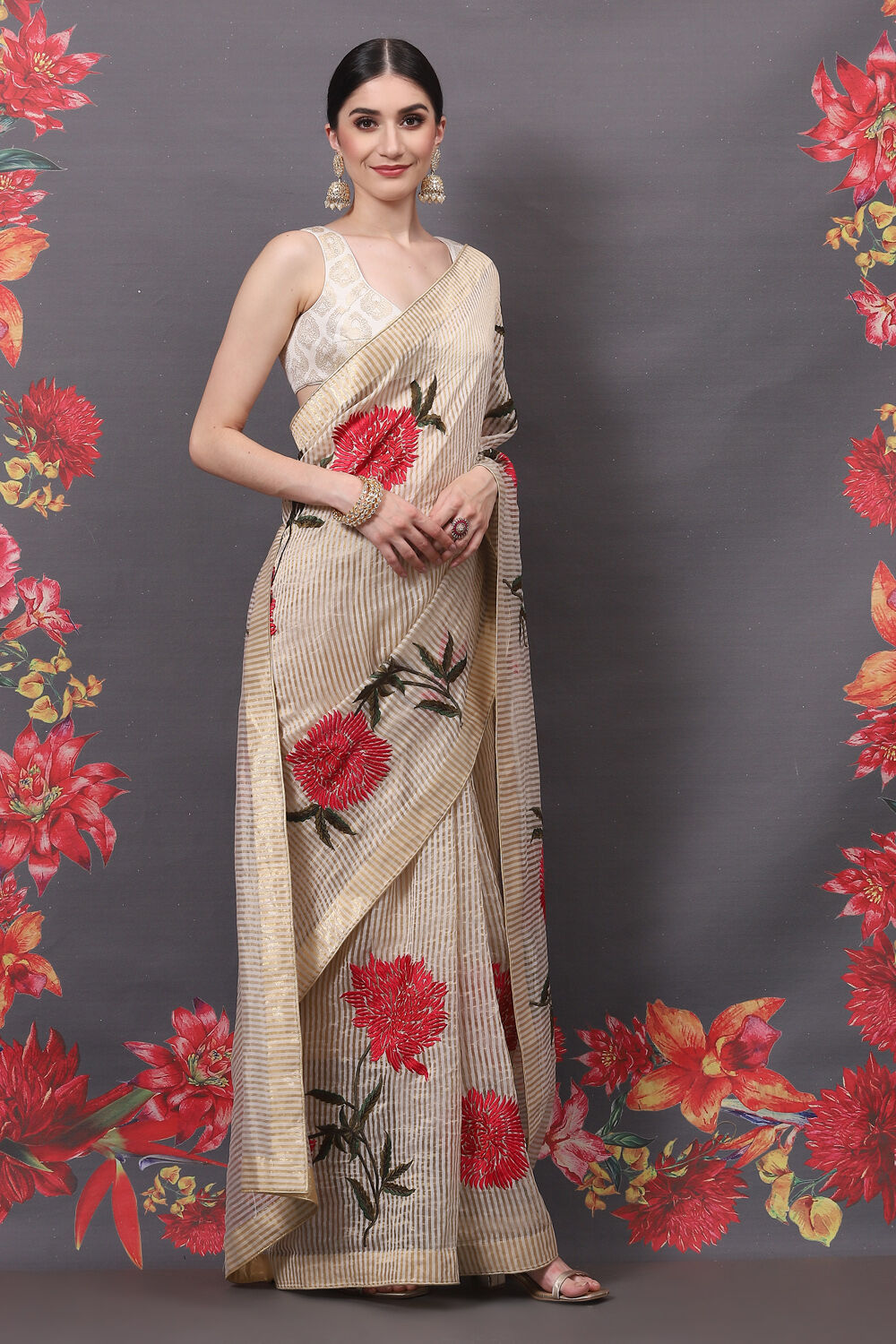 Rohit Bal Off White Silk Blend Embroidered Saree at Biba India