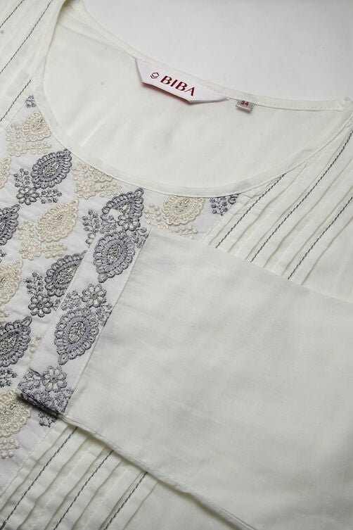 Cream Cotton A-Line Embroidered Kurta Dress image number 1