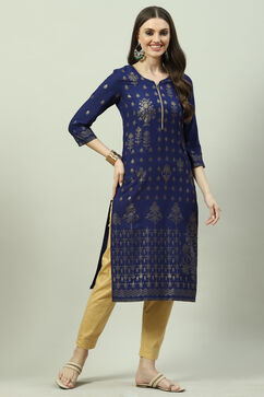 Royal Blue LIVA Straight Printed Kurta image number 2