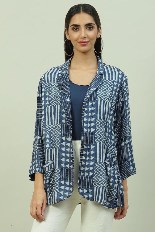 Indigo Viscose Straight Printed Jacket image number 5