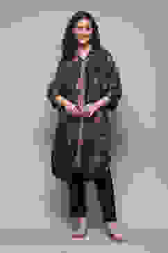 Black Rayon Slub Printed Jacket image number 5