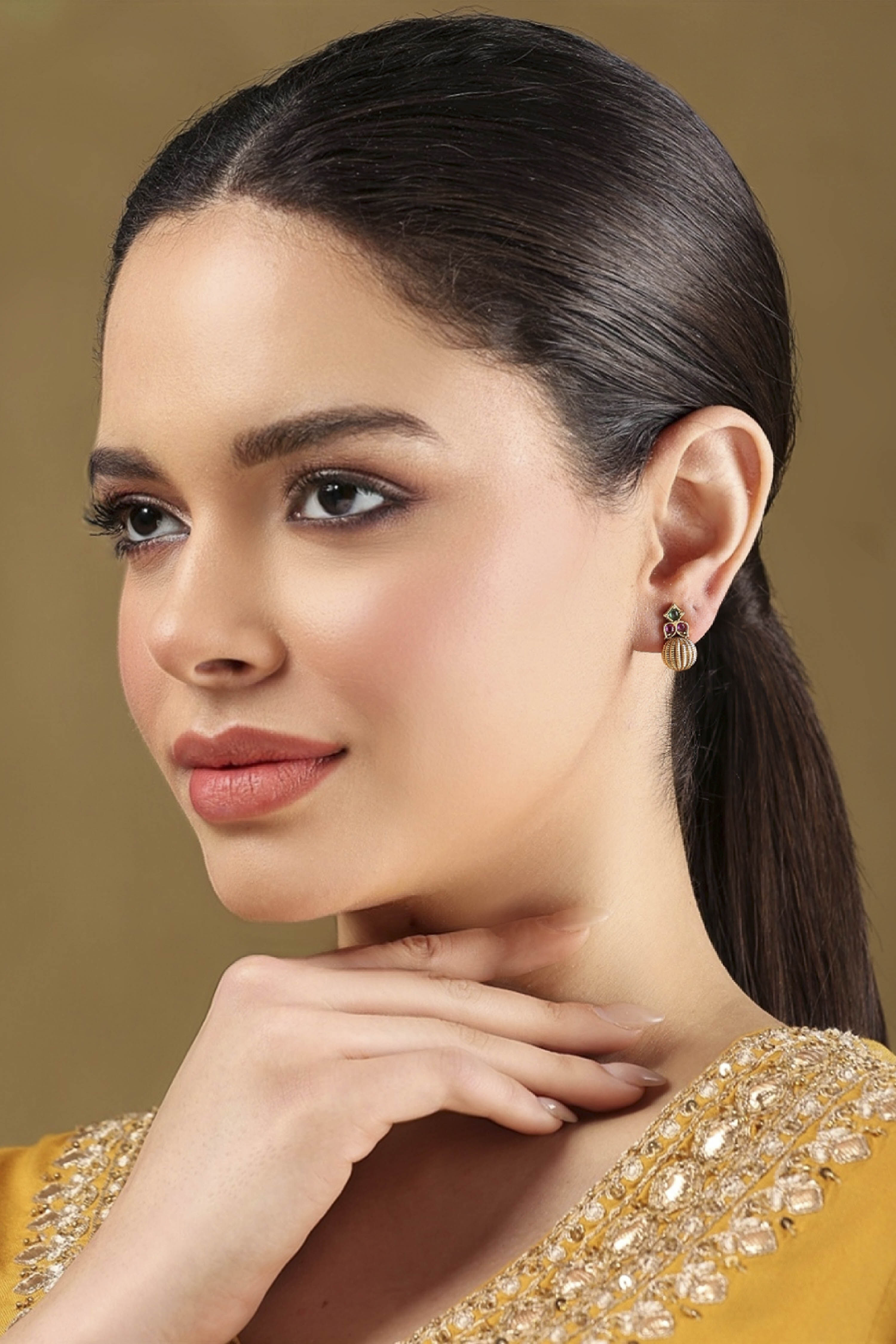 Multicolour Gold Plated Brass Studded Studs image number 3