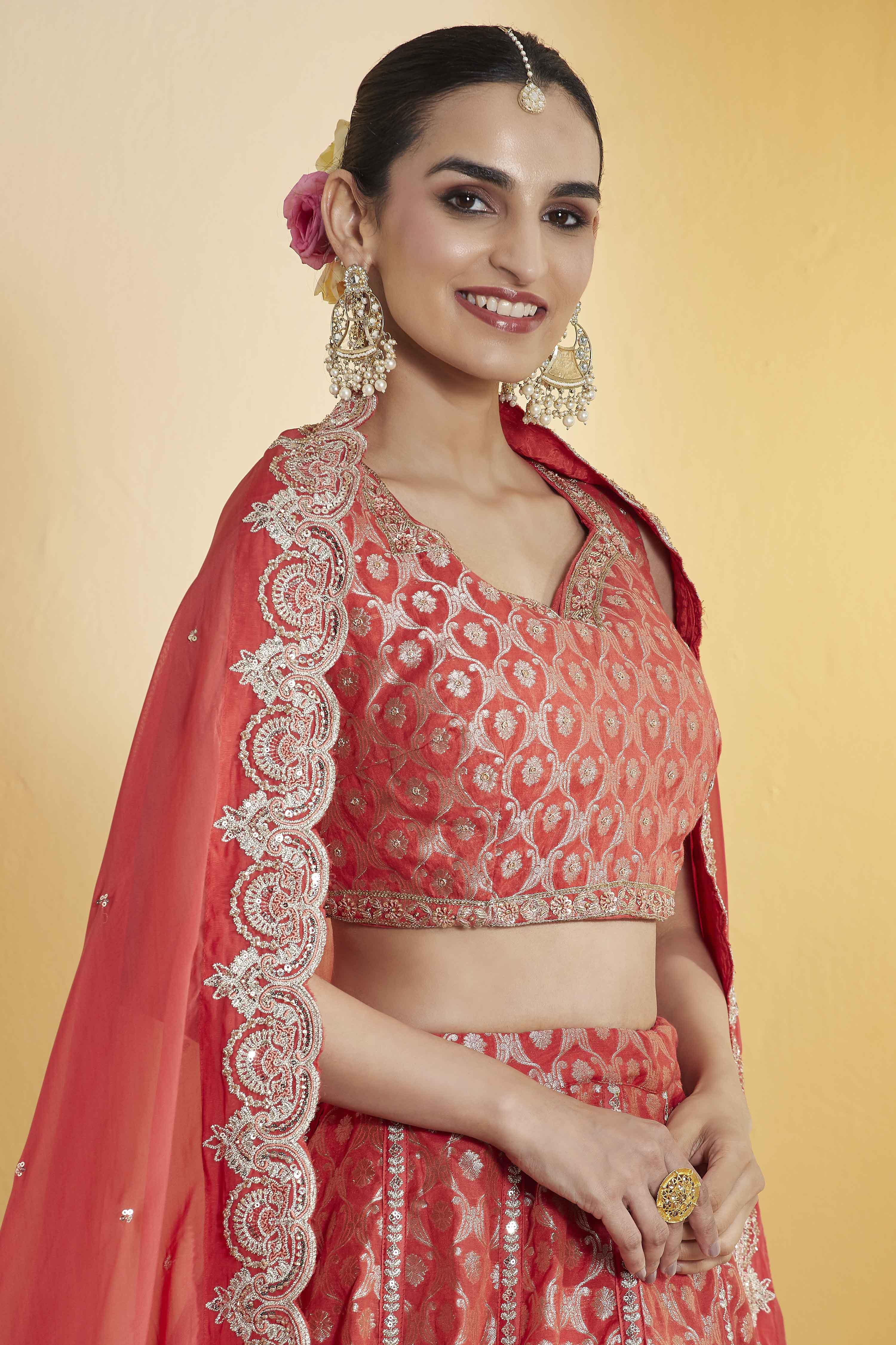 Coral Silk Kalidar Lehenga Set image number 0