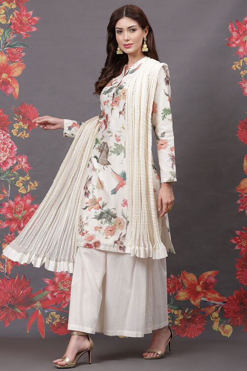 Rohit Bal Off White Silk & Cotton Straight Kurta Suit Set image number 3