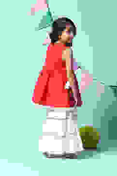 Red Cotton Gathered Kurta Sharara 2 Piece Set image number 4