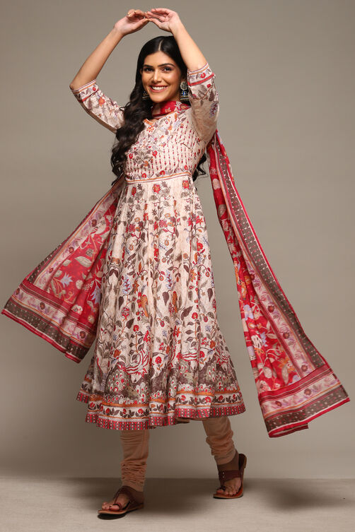 Beige Cotton Anarkali Printed Kurta Suit Set image number 5