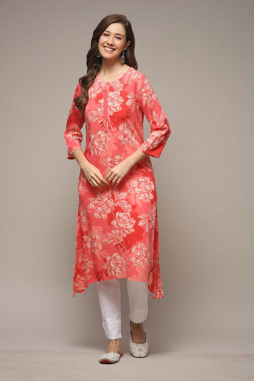 Olive LIVA Straight Printed Kurta image number 1