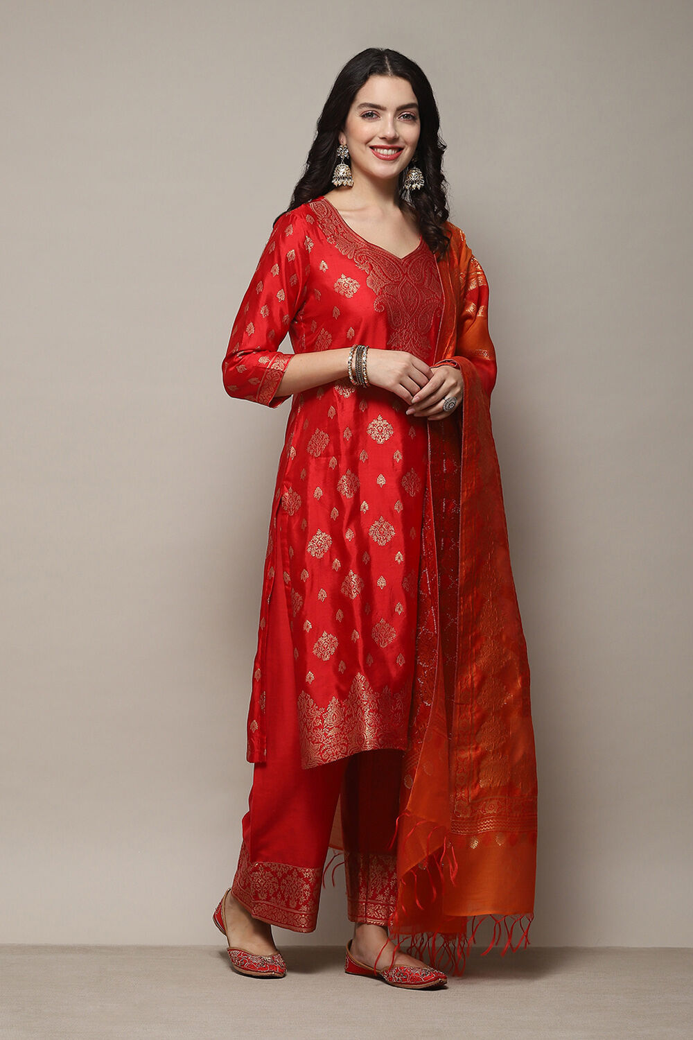 Red Cotton Blend Straight Yarndyed Kurta Palazzo Suit Set image number 6