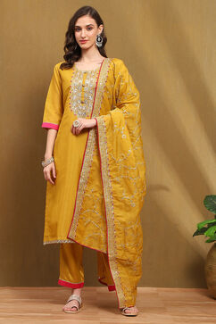 Yellow Tissue Machine Embroidered Unstitched Suit Set image number 5