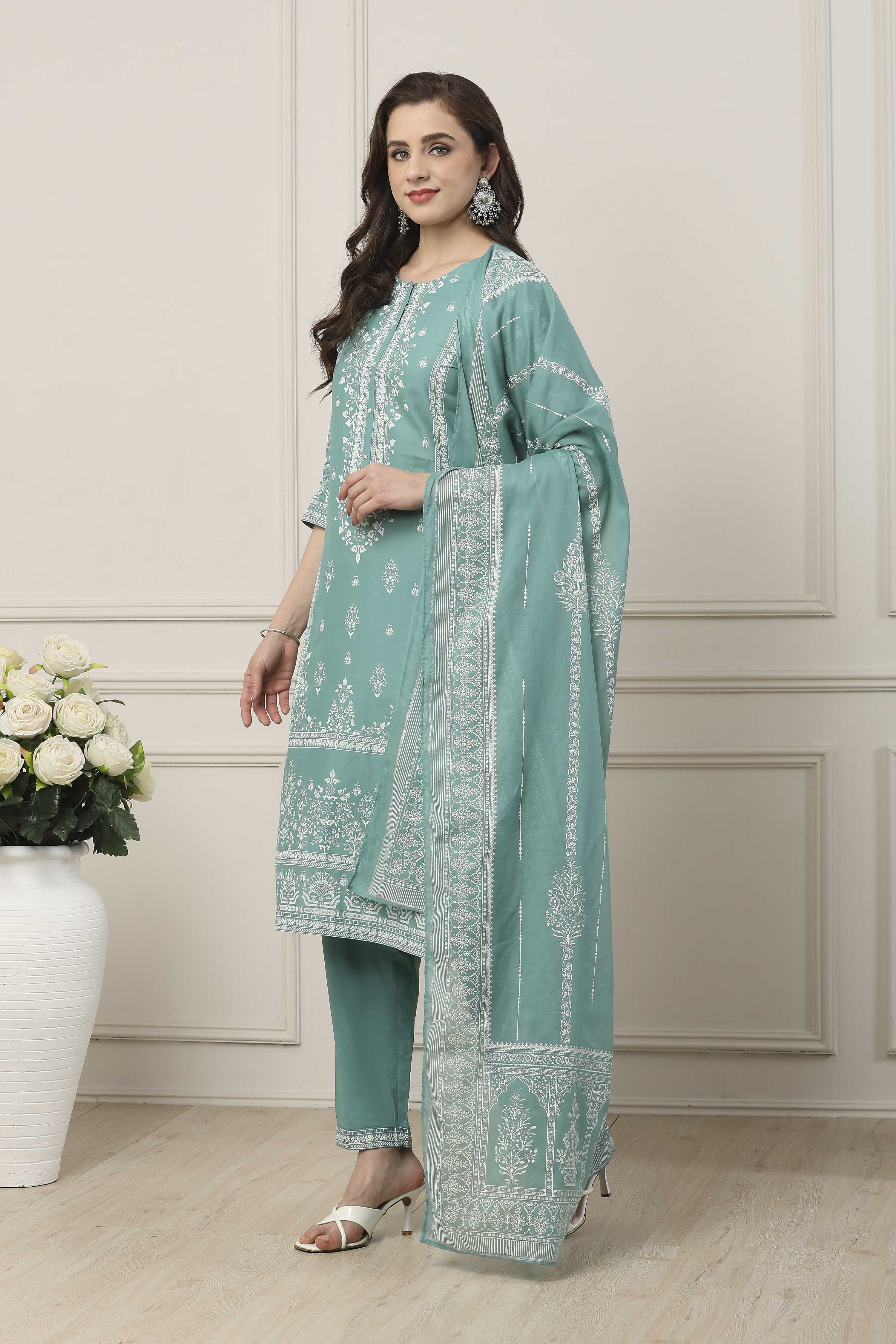 Pink Cotton Floral Printed Straight Suit Set image number 3