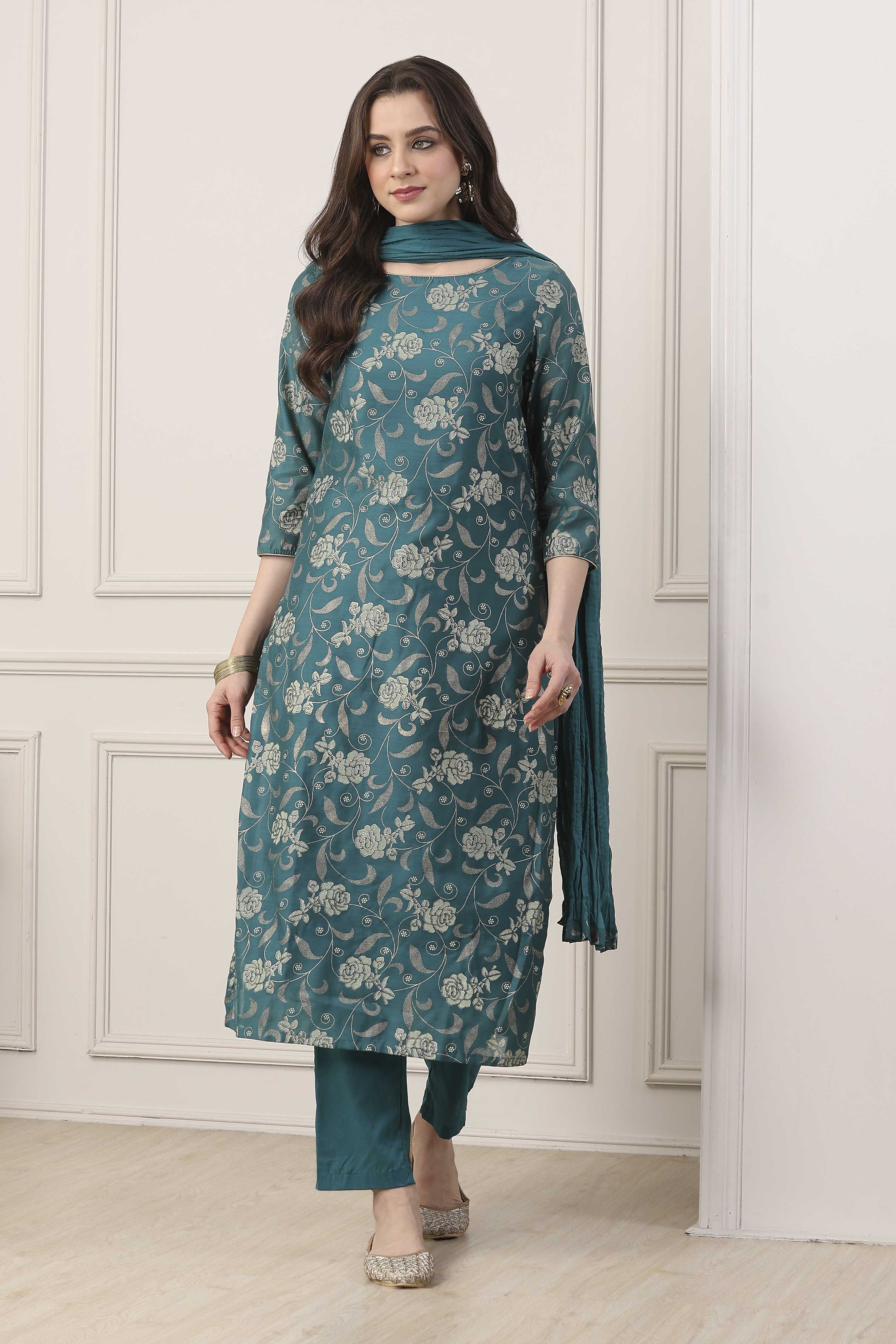 Peacock Green Printed Straight Kurta Regular Pants Suit Set image number 6