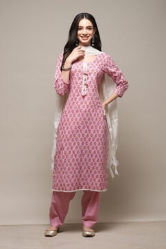 Peach Cotton Handloom Unstitched Suit Set image number 8