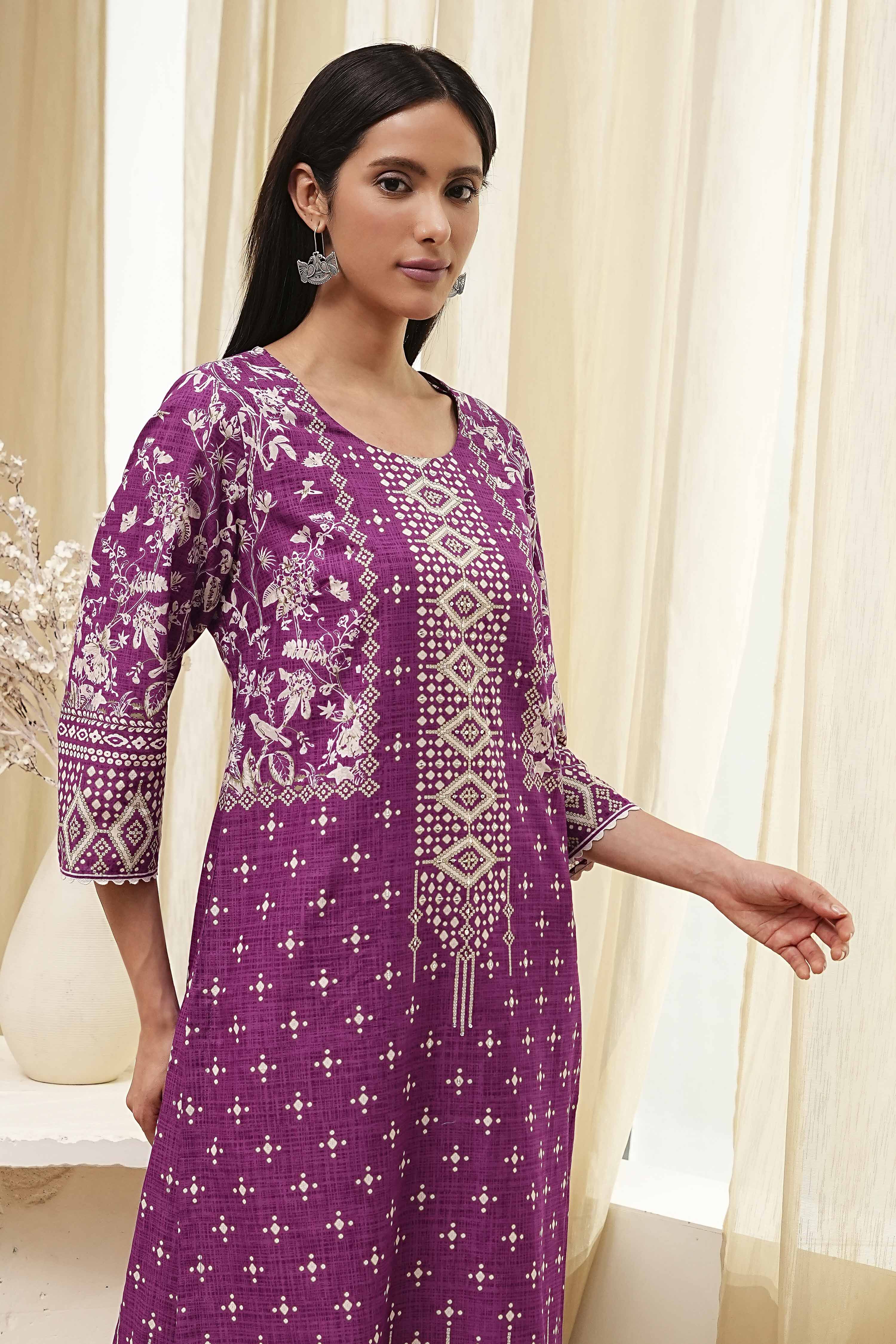 Purple Cotton Printed Straight Kurta image number 1