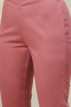 Dusky Peach Solid Asymmetric Kurta Slim Pant Suit Set image number 2