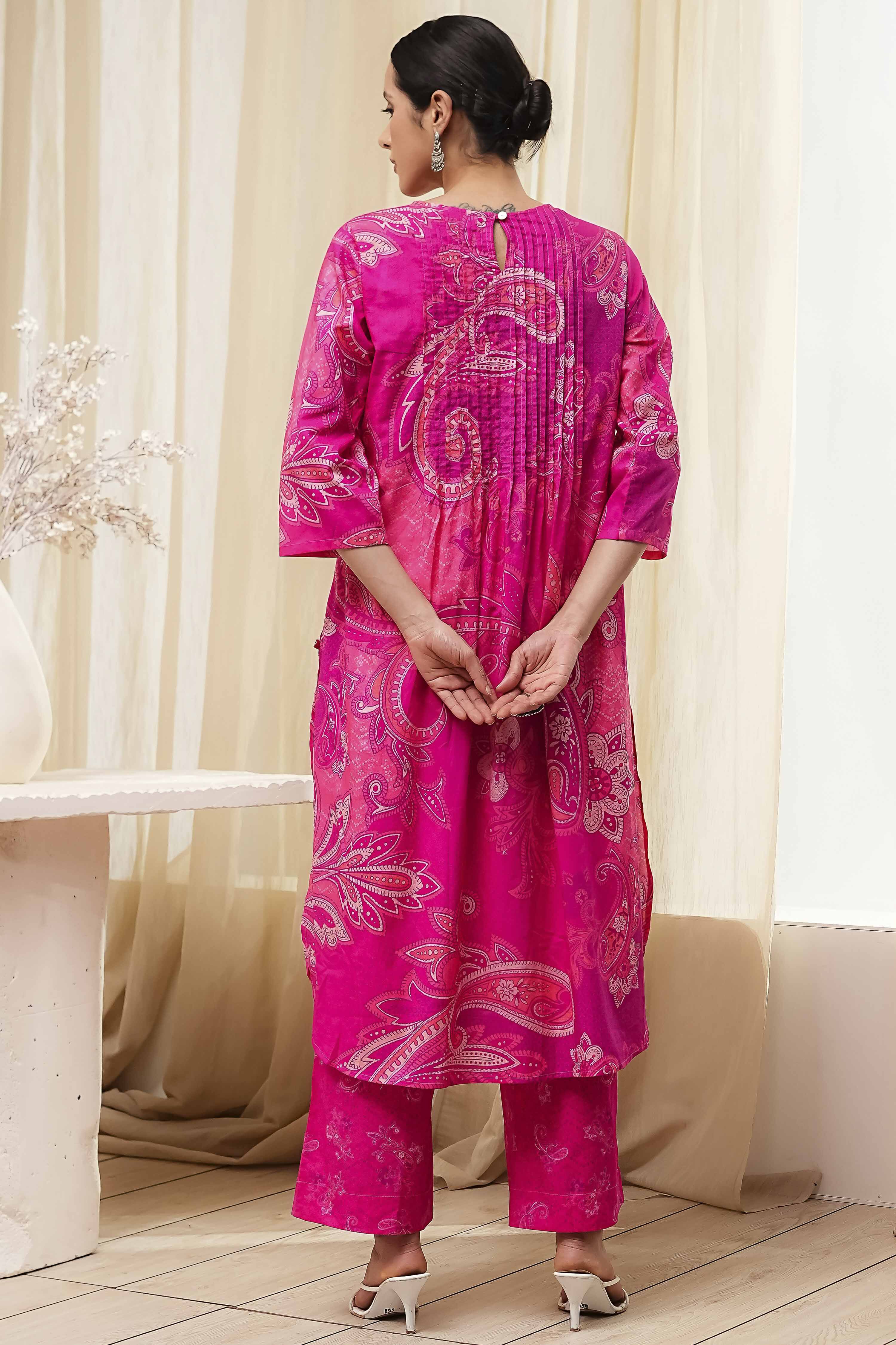Pink Cotton Printed Pleated Kurta Set image number 4