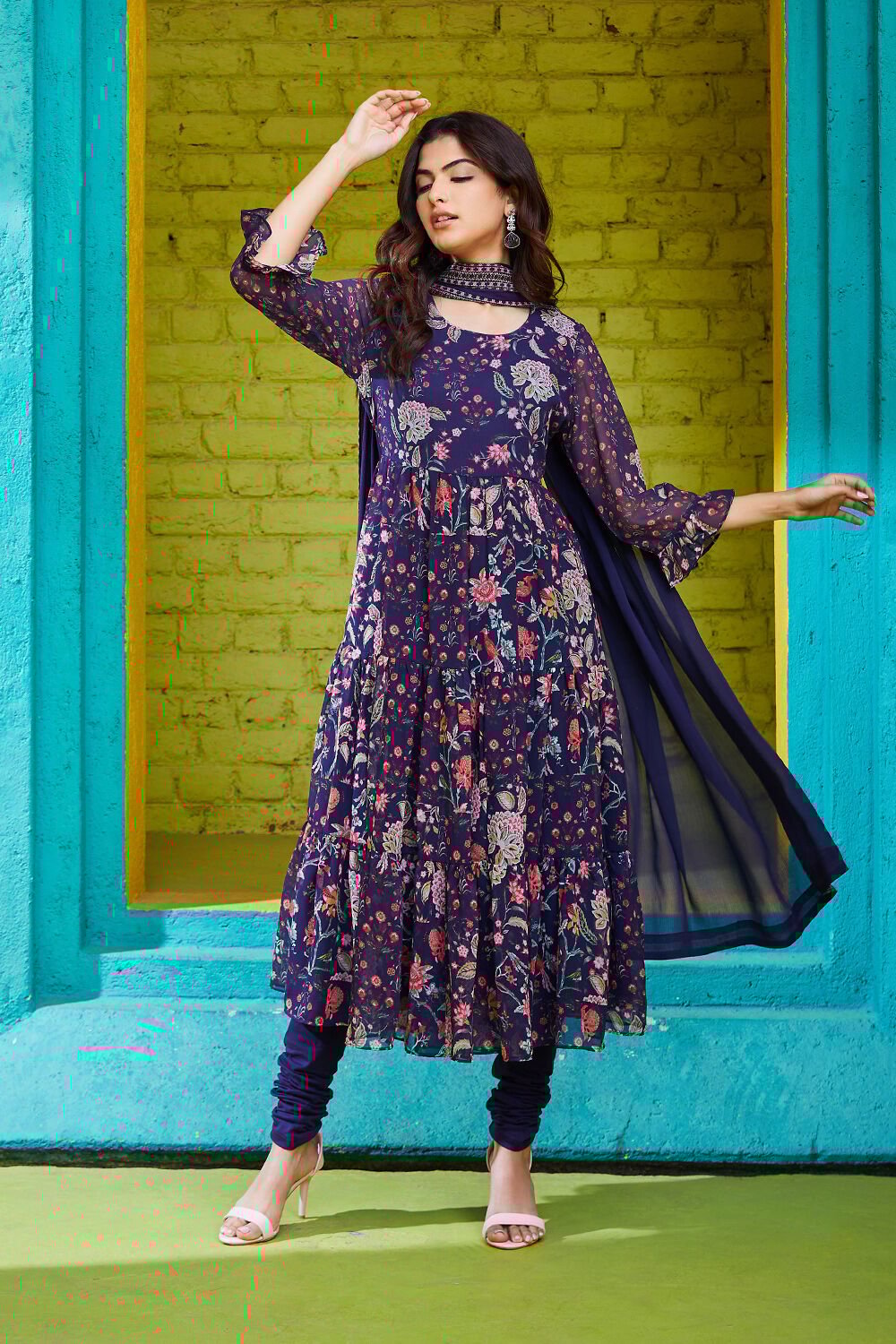Indigo Polyester Anarkali Suit Set Kurta Churidar Dupatta at Biba Global