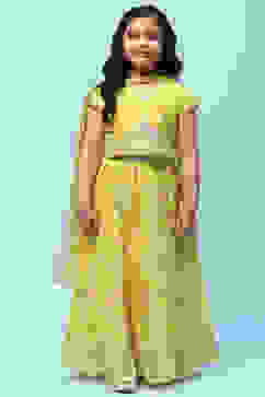 Lime Yellow Poly Chanderi Floral Lehenga Set image number 7
