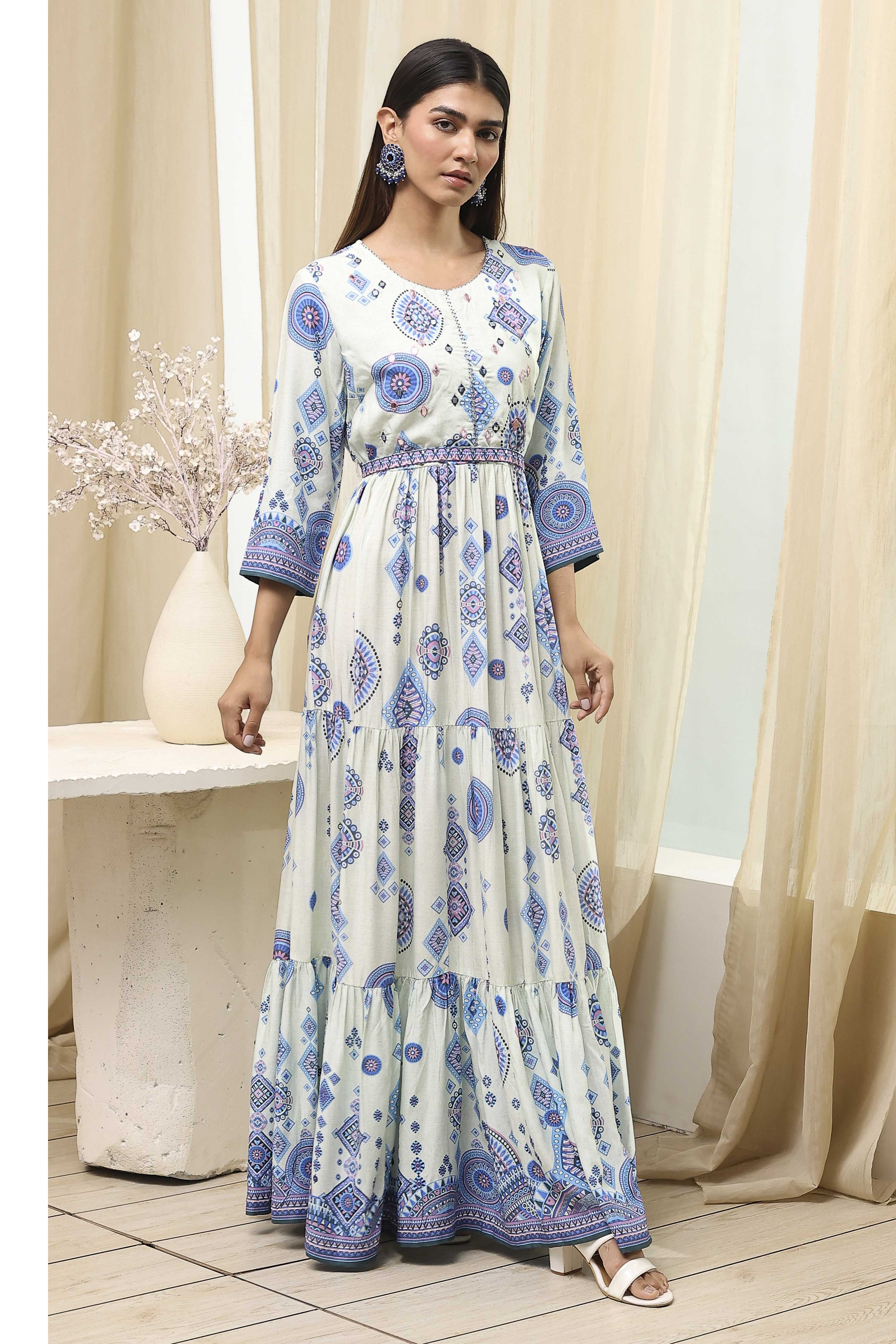 Ecru and Blue Printed Tiered Dress image number 4